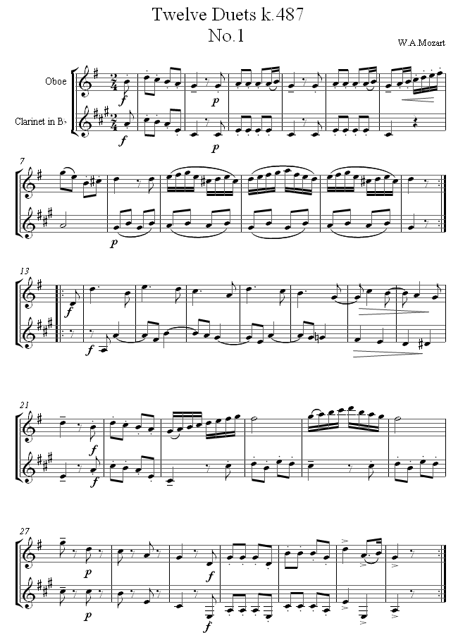 Mozart Twelve Duets k.487 no.1 sheet music for Duet