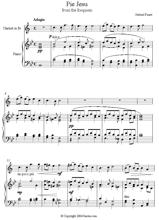clarinet faure pie jesu sheet music 8notes com pie jesu sheet music free
