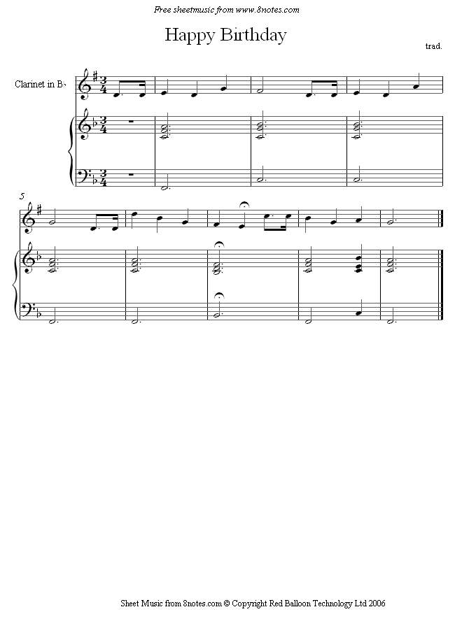 clarinet happy birthday sheet music - 8notes.com.