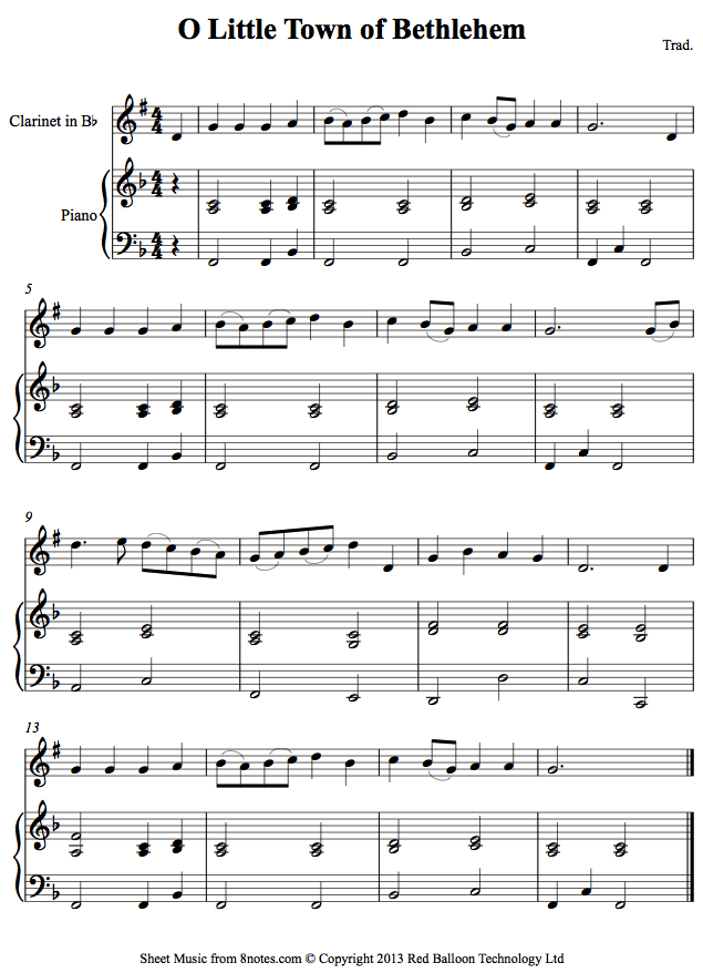 O Little Town of Bethlehem sheet music for Clarinet - 8notes.com
