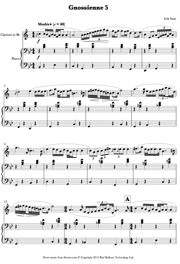 All Music Chords gnossienne no 1 sheet music : clarinet satie gnossienne5CL sheet music - 8notes.com