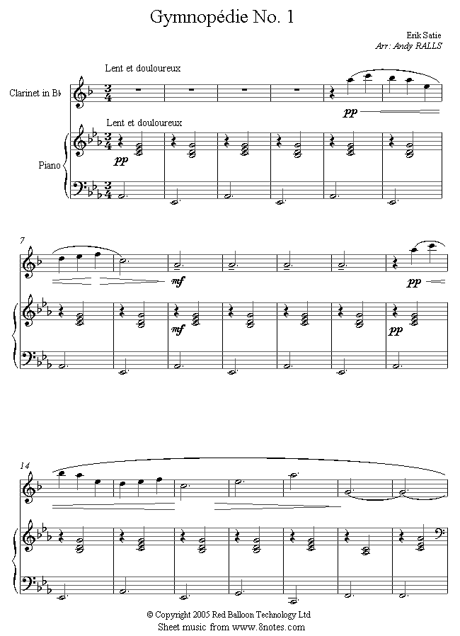 clarinet satie gymnopedie no1 sheet music 8notes com gymnopedie no 1 sheet music