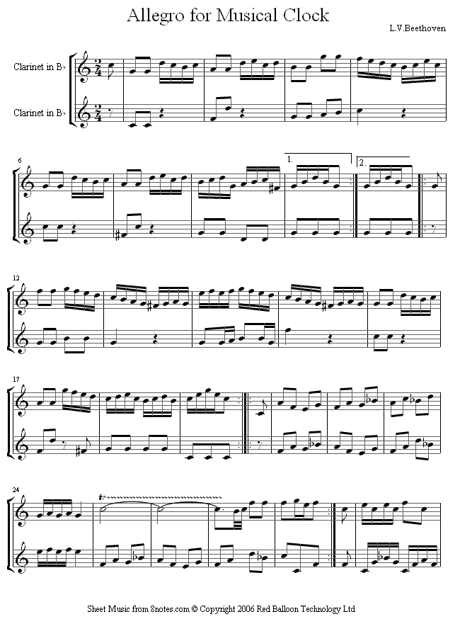 Beethoven Allegro for a Musical Clock sheet music for Duet