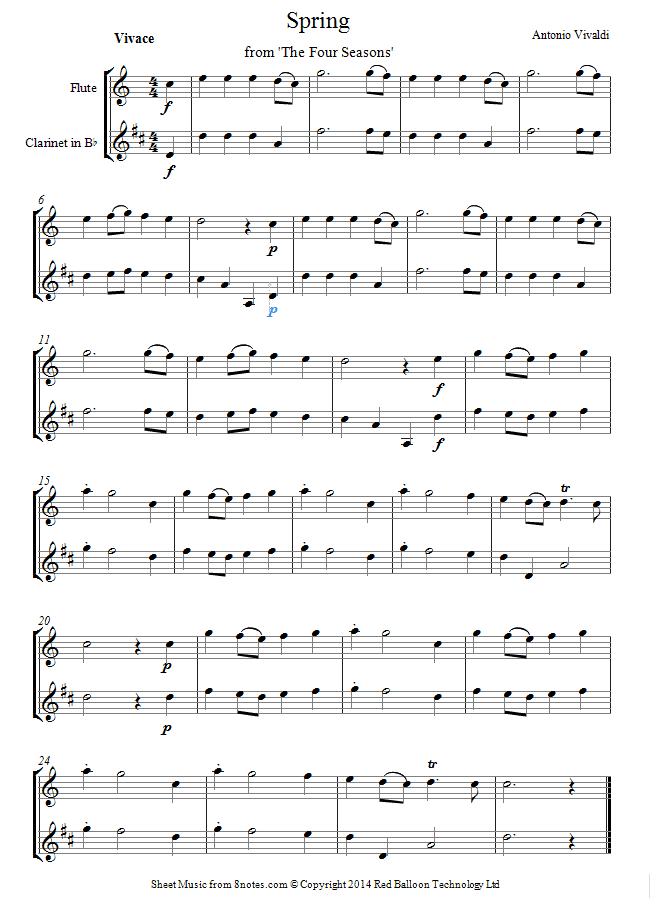 flute clarinet duet vivaldi spring sheet music 8notes com vivaldi spring sheet music