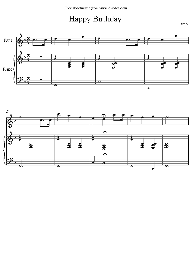 Happy Birthday sheet music for Flute - 8notes.com