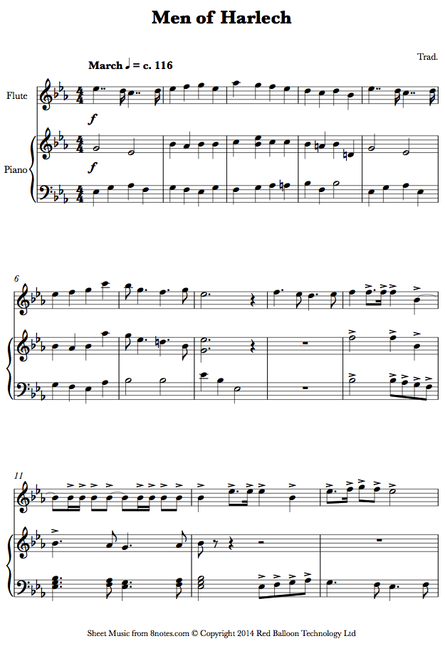 flute men of harlechfl sheet music 8notes com men of harlech sheet music