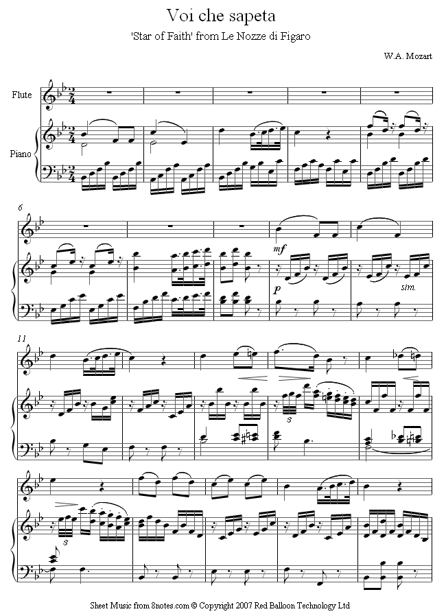 flute mozart voi sheet music 8notes com voi che sapete sheet music