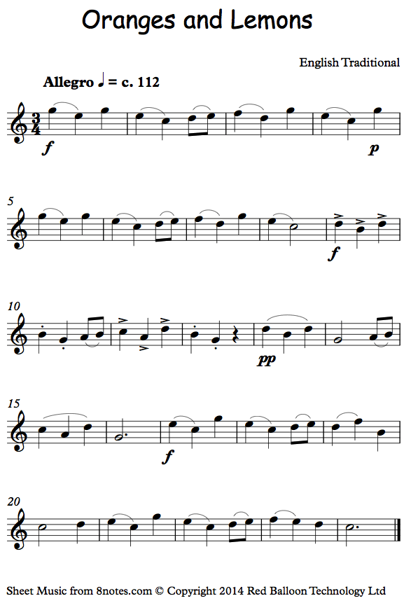 Oranges and Lemons (say the bells of St Clements) sheet music for Flute