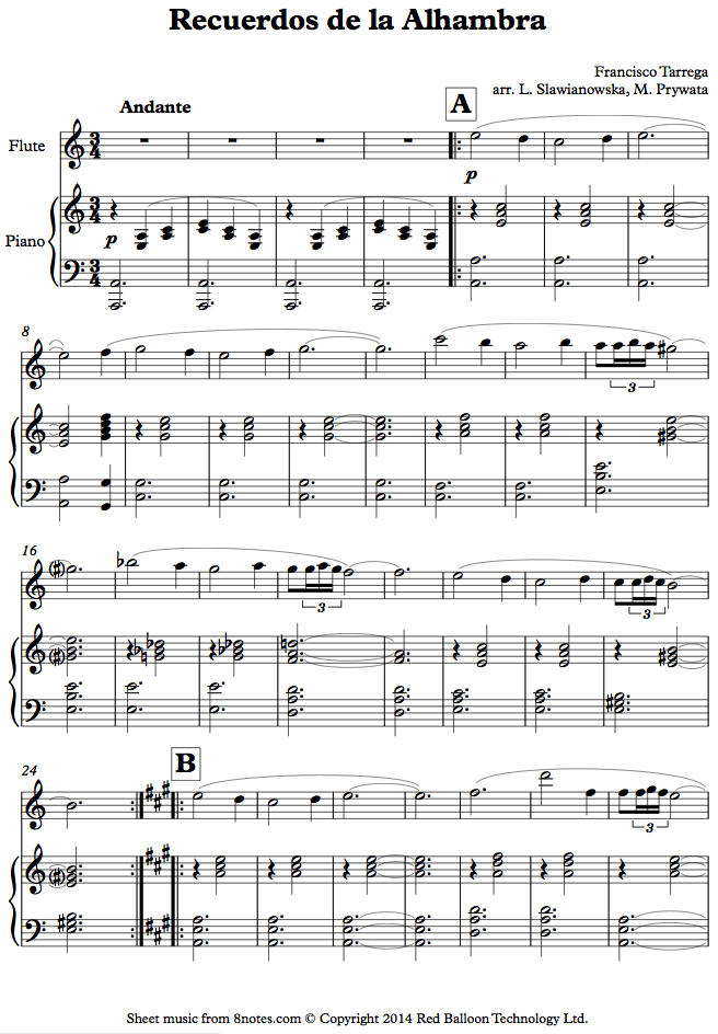 ﻿Tárrega - Recuerdos de la Alhambra sheet music for Flute - 8notes.com