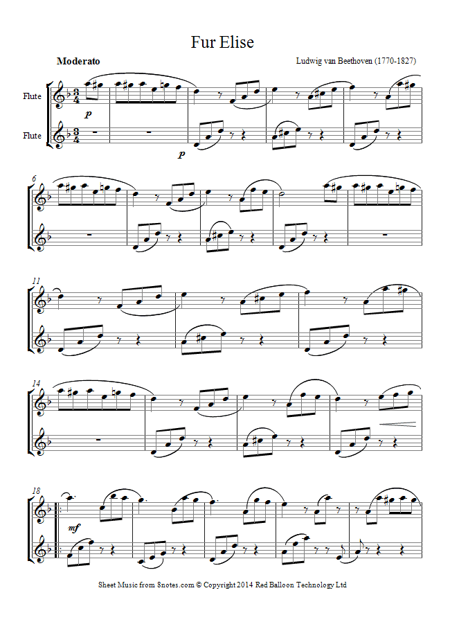 Beethoven - Fur Elise sheet music for Flute Duet - 8notes.com