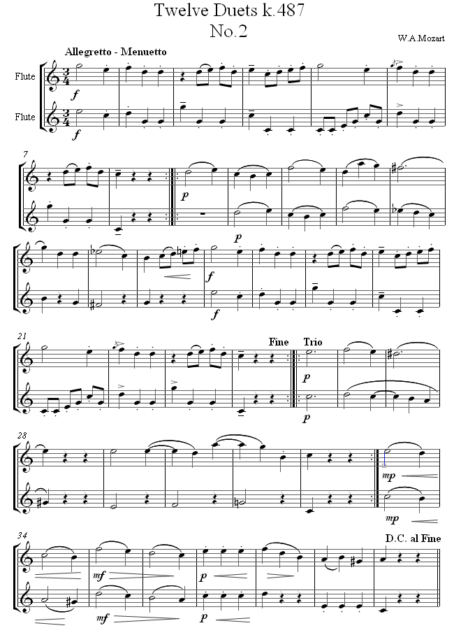 Mozart Twelve Duets k.487 no.2 sheet music for Flute Duet
