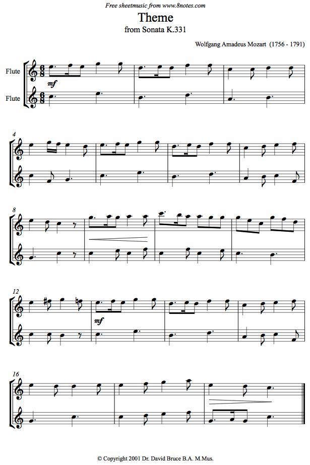 Flute Duet Mozart Sonata331fls Sheet Music 8notes Com