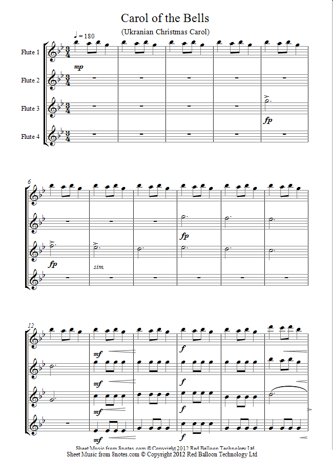 carol of the bells sheet music for flute quartet 8notes com violin trio christmas music