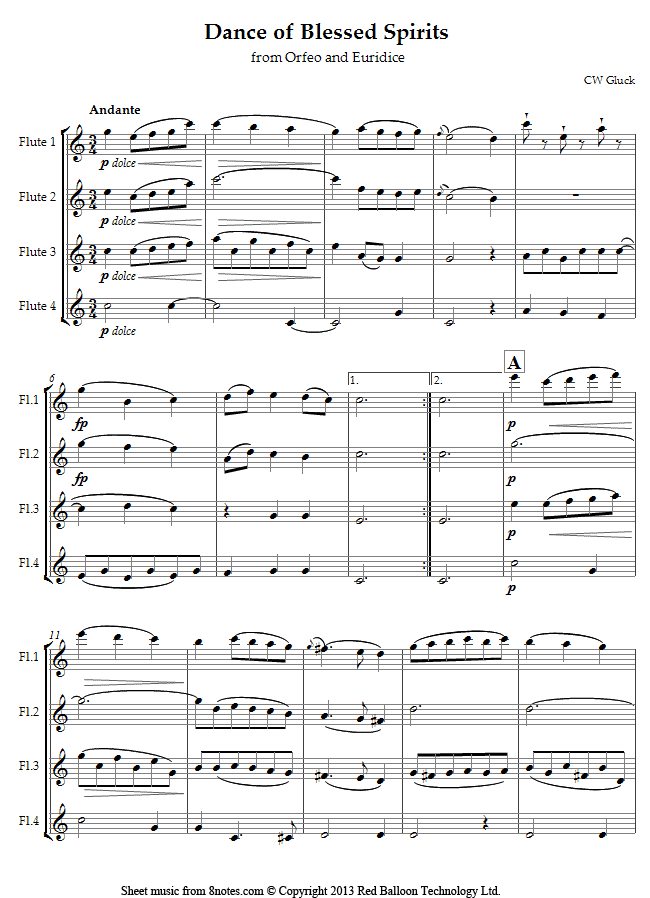 flute quartet gluck dance sheet music 8notes com dance of the blessed spirits flute sheet music