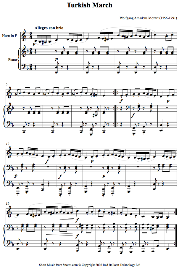 french horn mozart turkish marchhn sheet music 8notes com sheet music for turkish march
