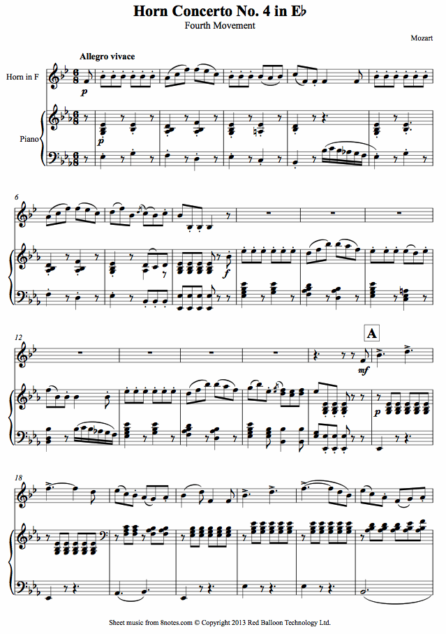 Mozart Horn Concerto No. 4 in Eb 4th movement complete sheet music