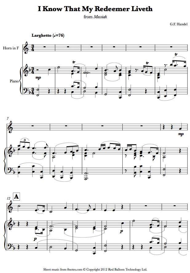 french horn redeemerhn sheet music 8notes com i know that my redeemer liveth handel sheet music