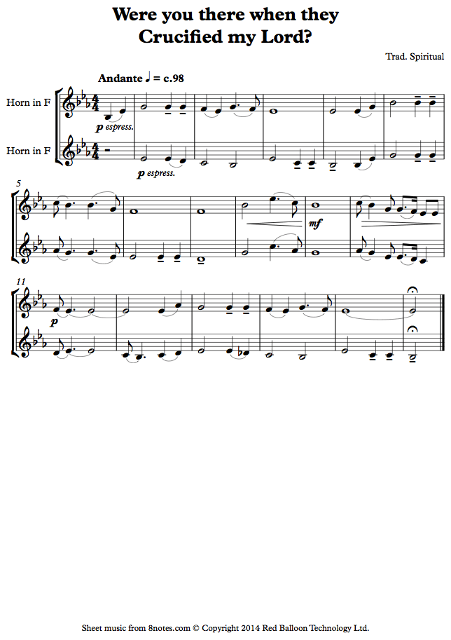 french horn duet were you therehnduet sheet music 8notes com were you there when they crucified my lord sheet music