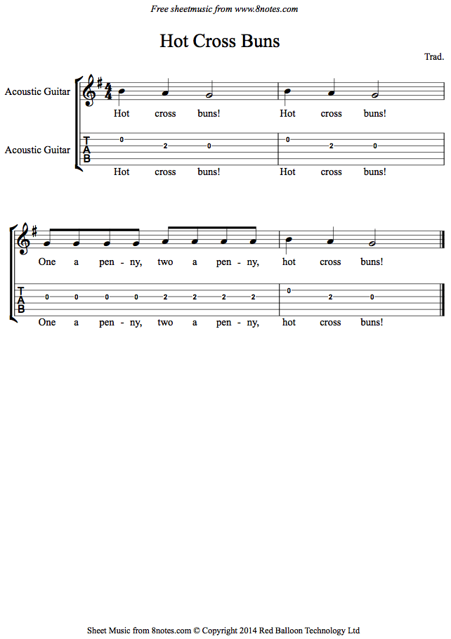 Hot Cross Buns sheet music for Guitar - 8notes.com