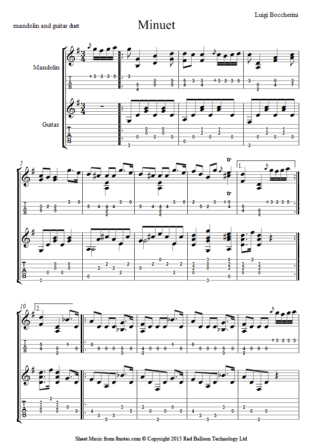 Boccherini Minuet sheet music for MandolinGuitar Duet