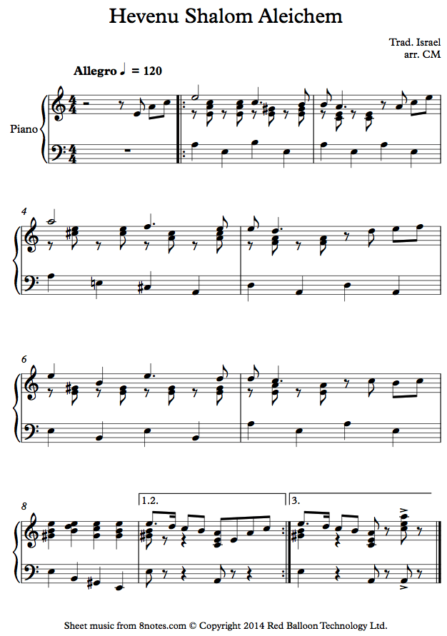 piano hevenu shalompno sheet music 8notes com hevenu shalom aleichem sheet music