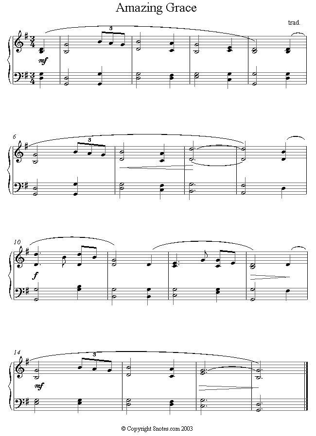 Amazing Grace sheet music for Piano - 8notes.com