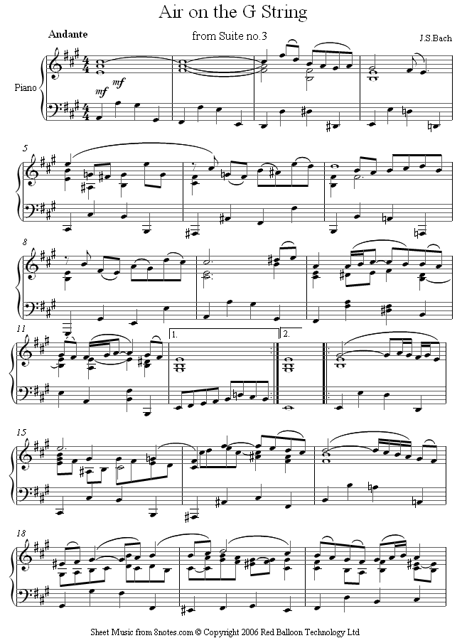 Bach - Air on a G String sheet music for Piano - 8notes.com