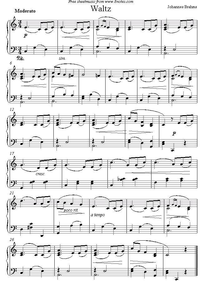 Brahms - Waltz sheet music for Piano - 8notes.com
