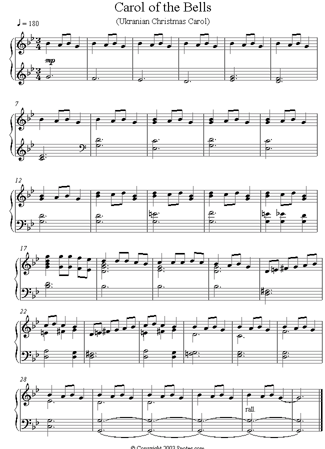 Carol of the Bells sheet music for Piano - 8notes.com