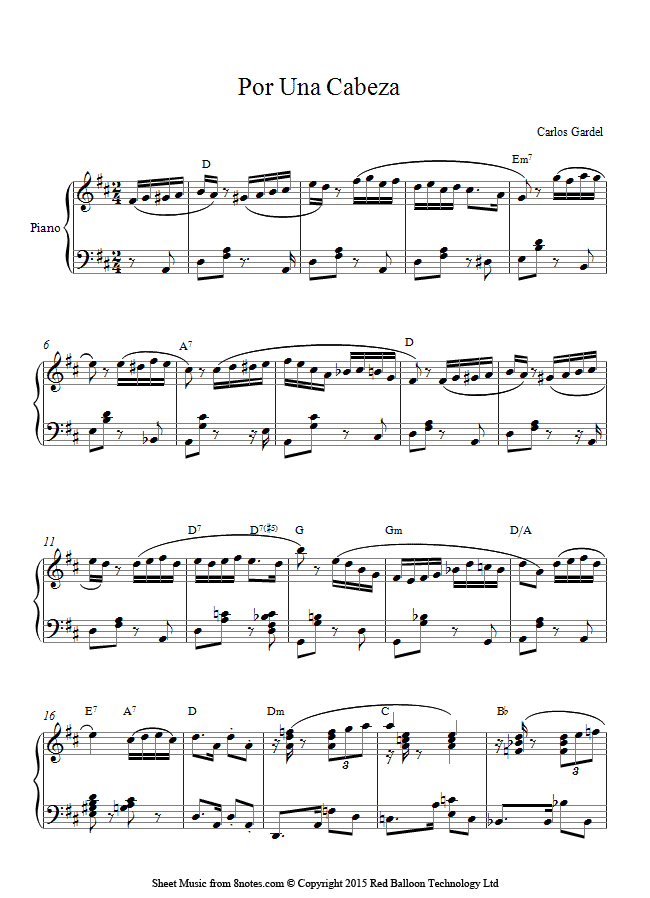 Carlos Gardel - Por Una Cabeza sheet music for Piano ... Al Pacino Movies List