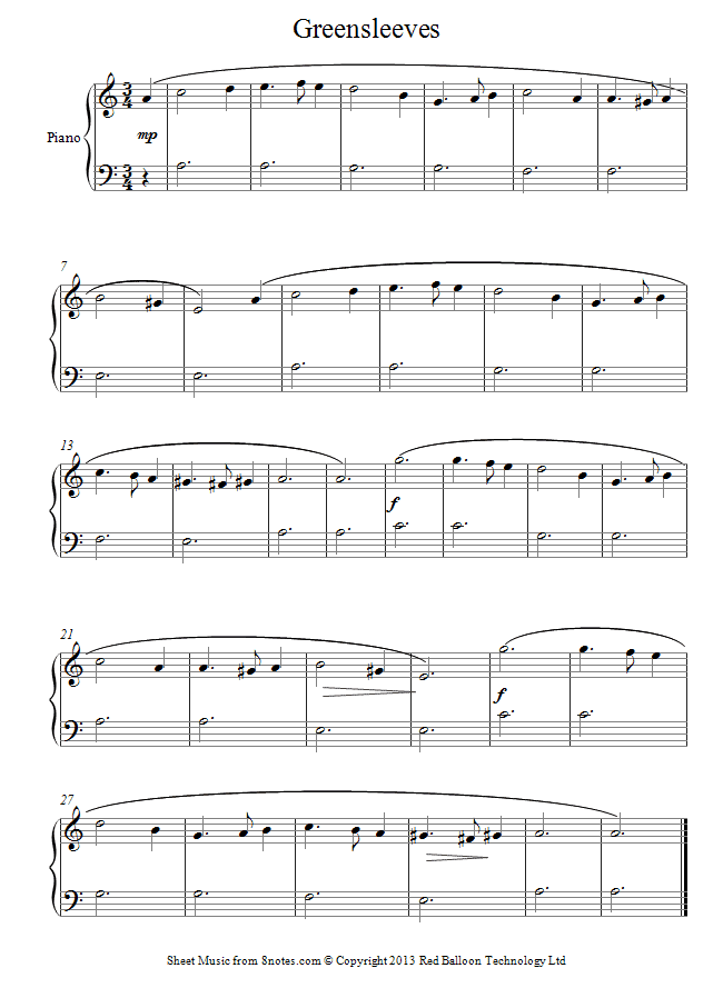 Greensleeves (beginners) sheet music for Piano - 8notes.com