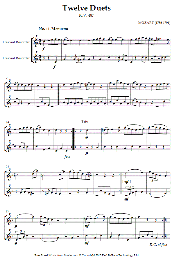 Mozart Twelve Duets k.487 no.11 sheet music for Recorder Duet