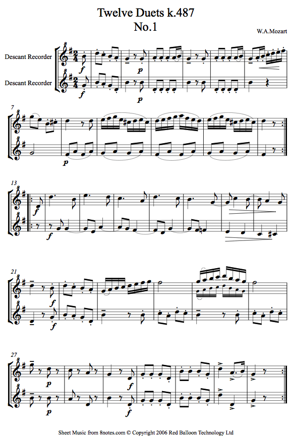 Mozart Twelve Duets k.487 No.1 sheet music for Recorder Duet