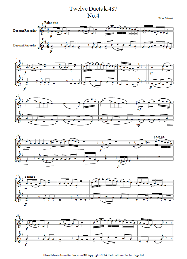 Mozart Twelve Duets k.487 no.4 sheet music for Recorder Duet