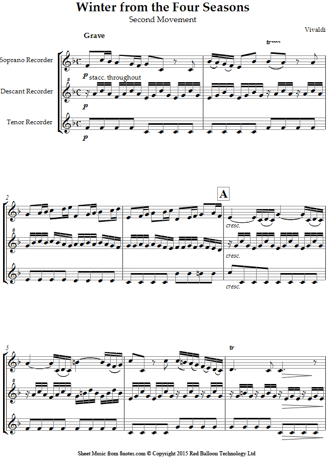 Vivaldi - Winter from the Four Seasons 2nd movement sheet music for ...