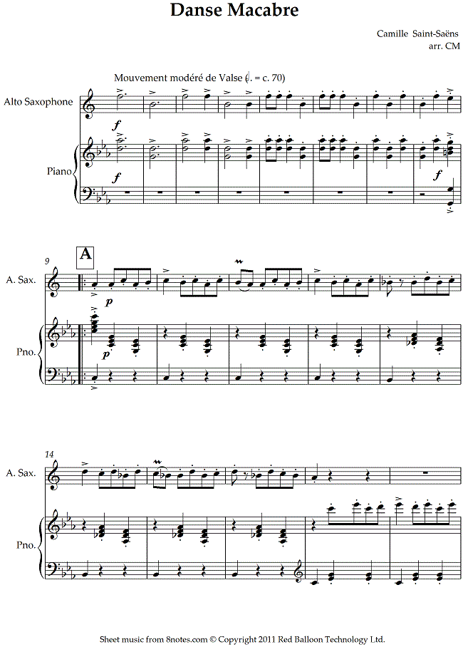﻿Saint-Saëns - Danse Macabre sheet music for Saxophone - 8notes.com
