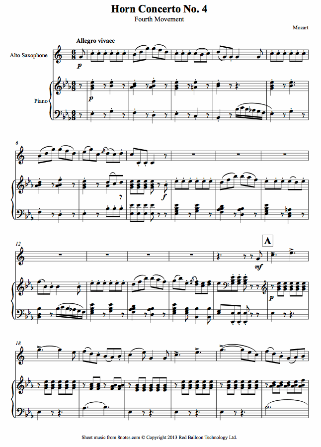 saxophone mozarthornconcerto4lastmvtasax sheet music 8notes com classical saxophone sheet music