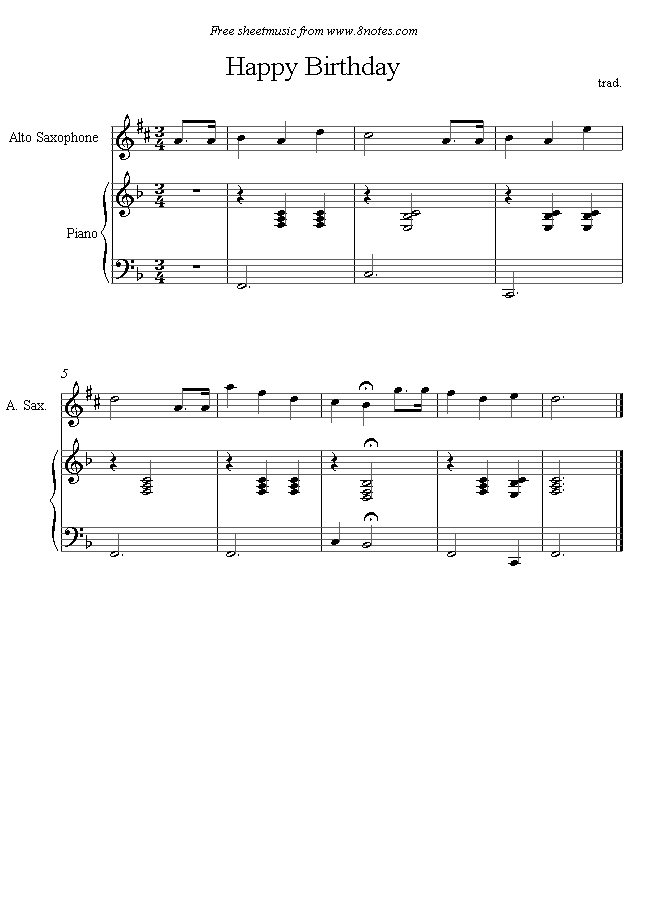 Happy Birthday sheet music for Saxophone - 8notes.com