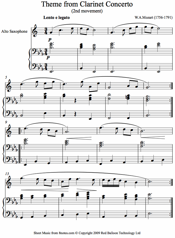 saxophone mozart clarinet concertoasax sheet music 8notes com mozart clarinet concerto sheet music