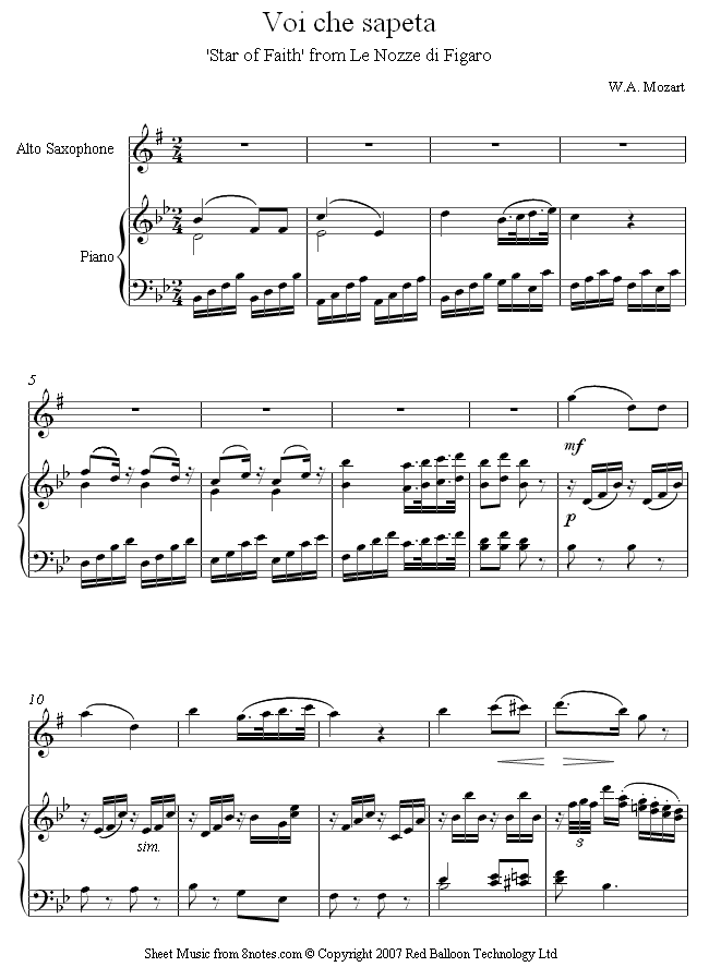 saxophone mozart voi sheet music - 8notes.com