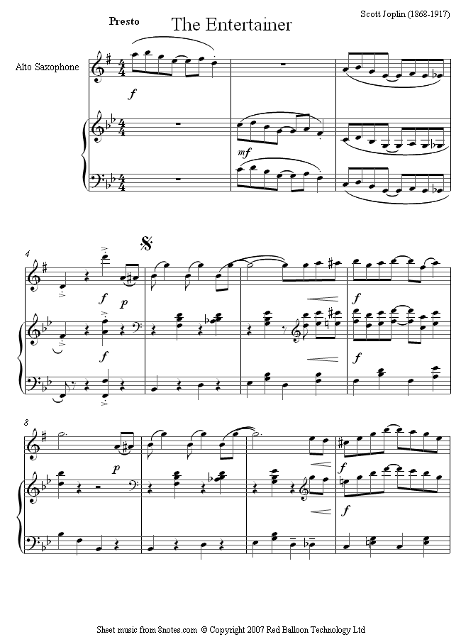 Scott Joplin - The Entertainer sheet music for Saxophone - 8notes.com
