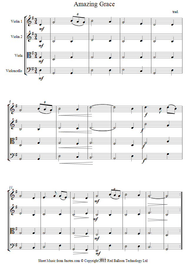 string quartet amazing grace sheet music - 8notes.com.