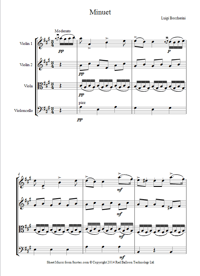 string quartet boccherini minuet sheet music - 8notes.com.