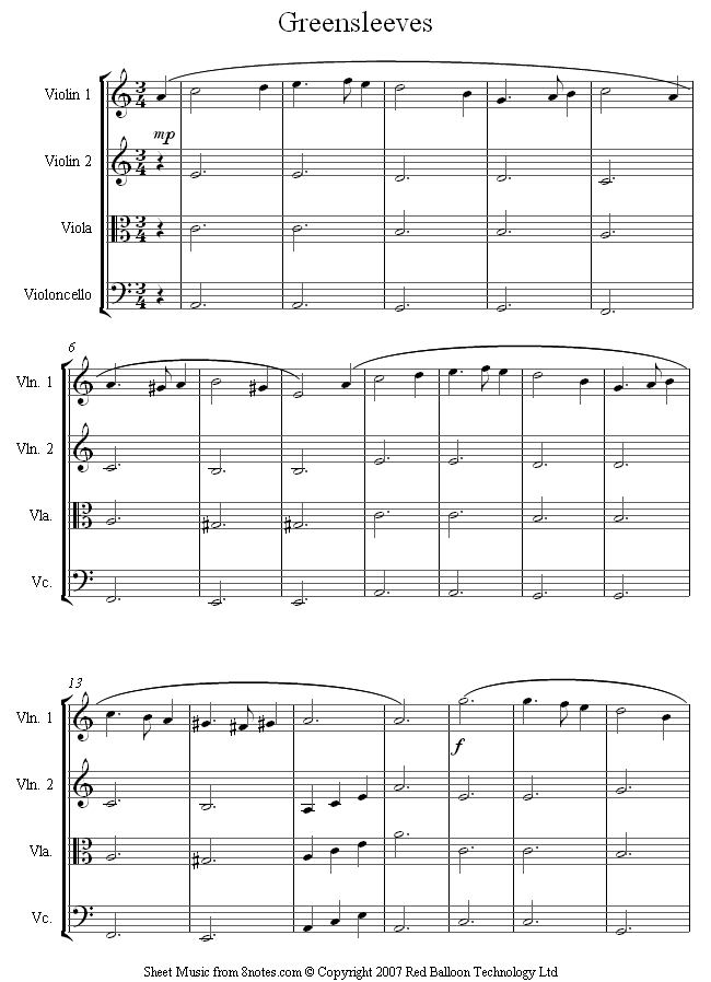 string quartet greensleeves sheet music - 8notes.com