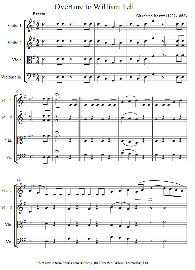 string quartet rossini william tell sheet music 8notes com easy string quartet sheet music