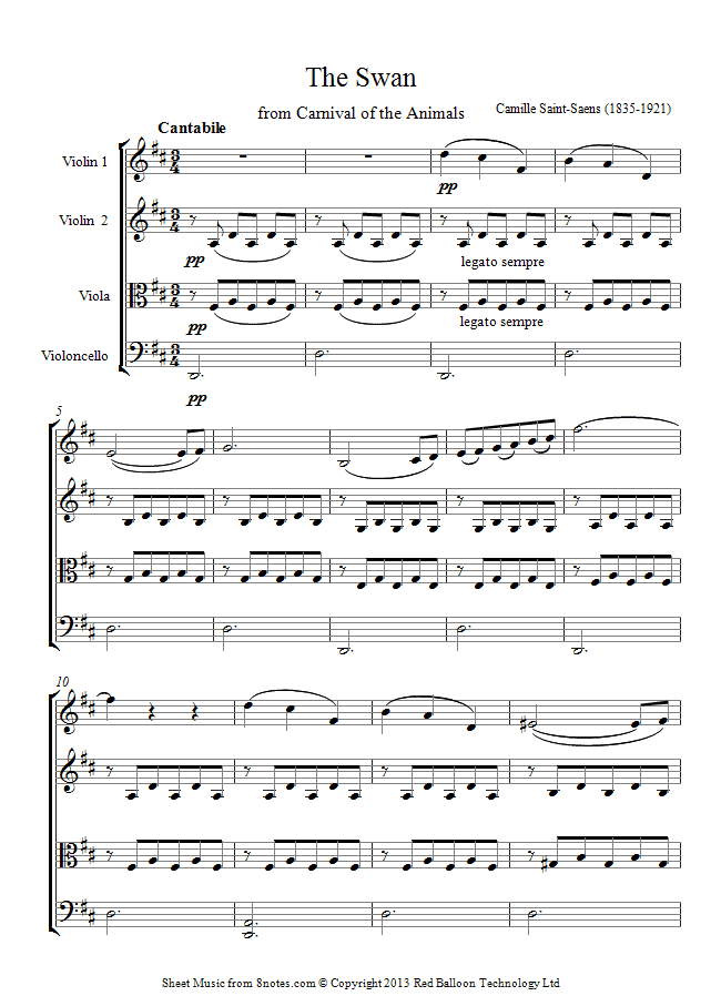 string quartet saint saens swan sheet music 8notes com the swan saint saens cello sheet music