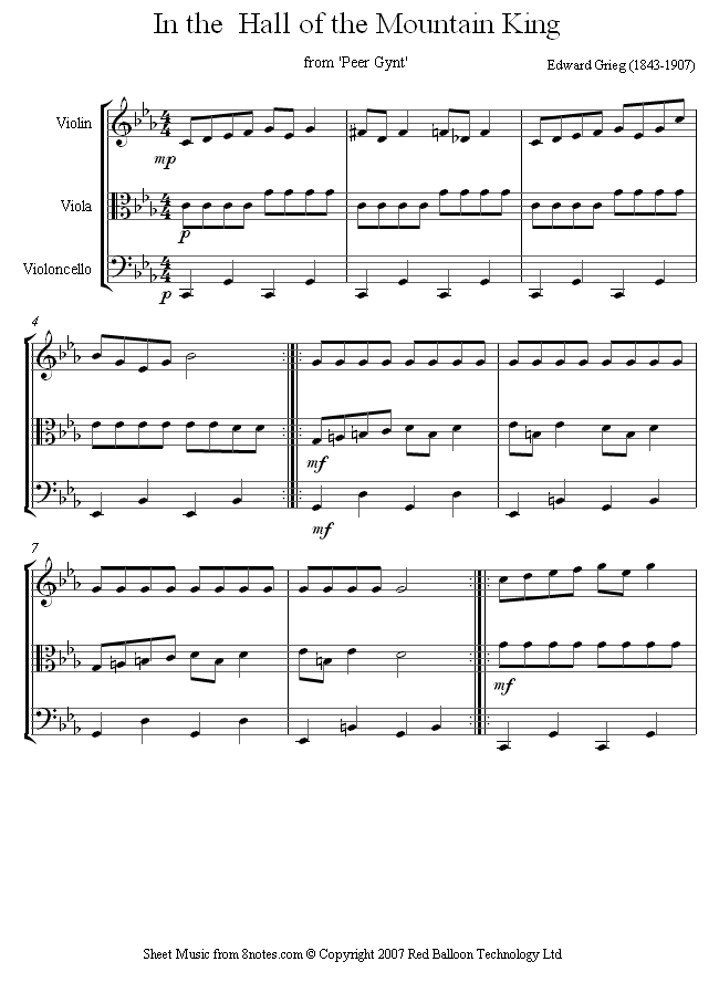 string trio grieg mountain king sheet music 8notes com in the hall of the mountain king guitar sheet music