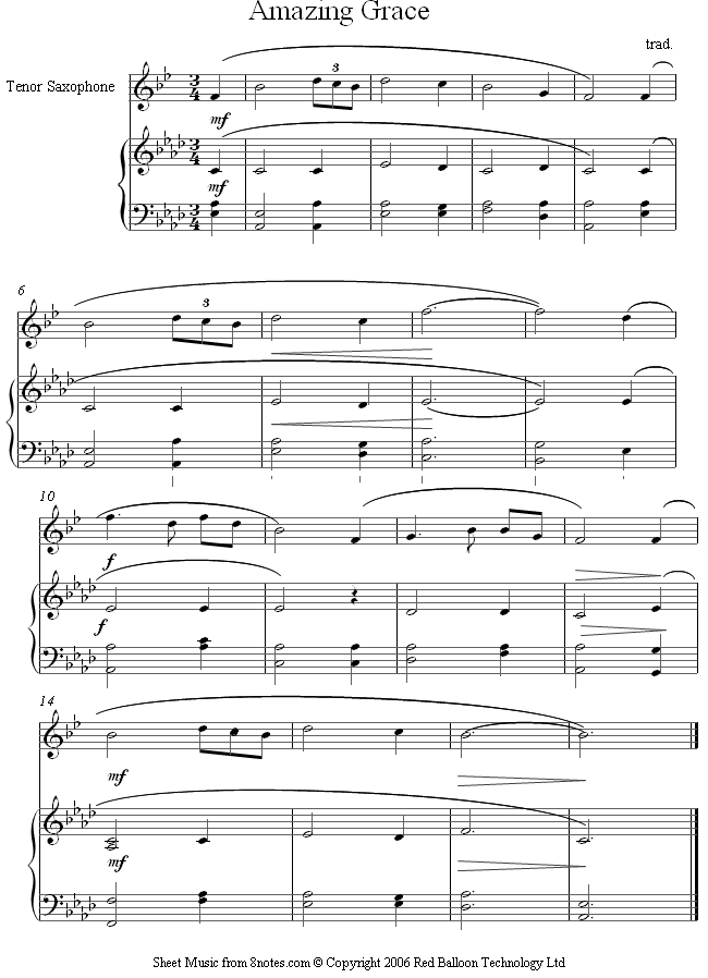 Amazing Grace sheet music for Tenor Saxophone - 8notes.com