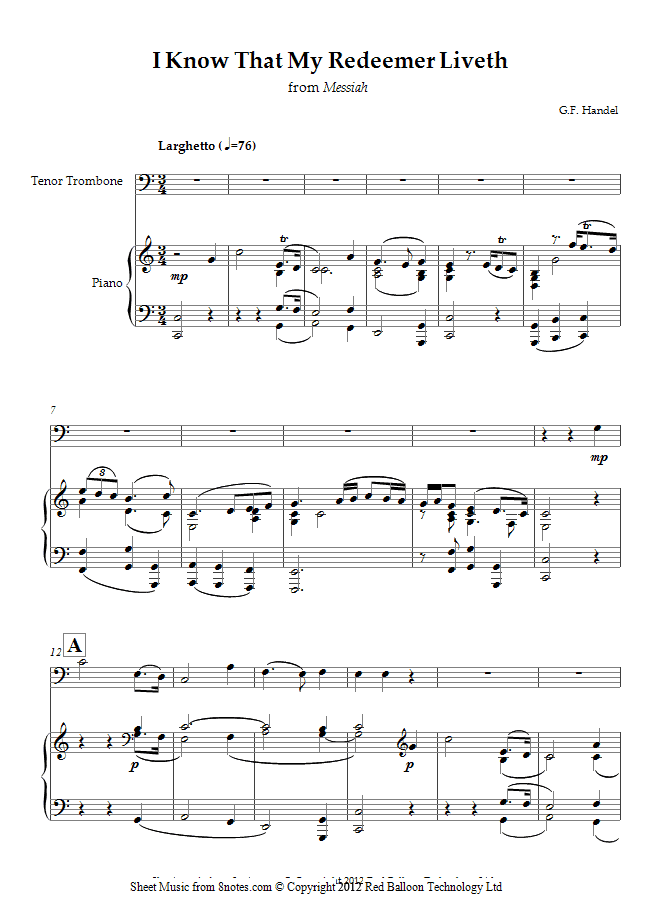 trombone redeemer sheet music 8notes com i know that my redeemer liveth handel sheet music