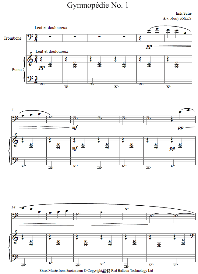 trombone satie gymnopedie no1 sheet music 8notes com gymnopedie no 1 sheet music